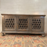 Handcrafted Carved Indian Furniture Handmade Solid Wood Grey Sideboard Jali door 184x46x96Cm